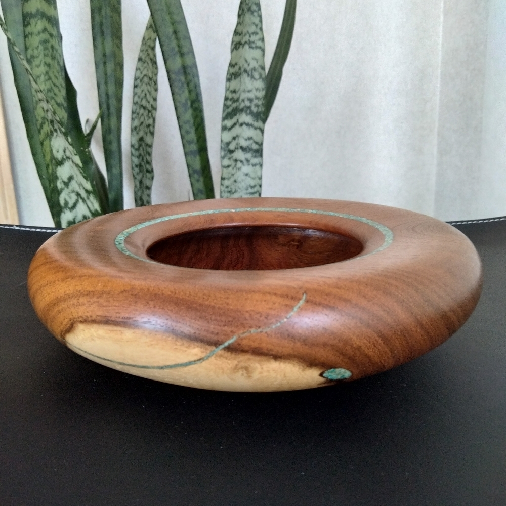 Turquoise Inlay Mesquite Wood Bowl by Tom Marquis